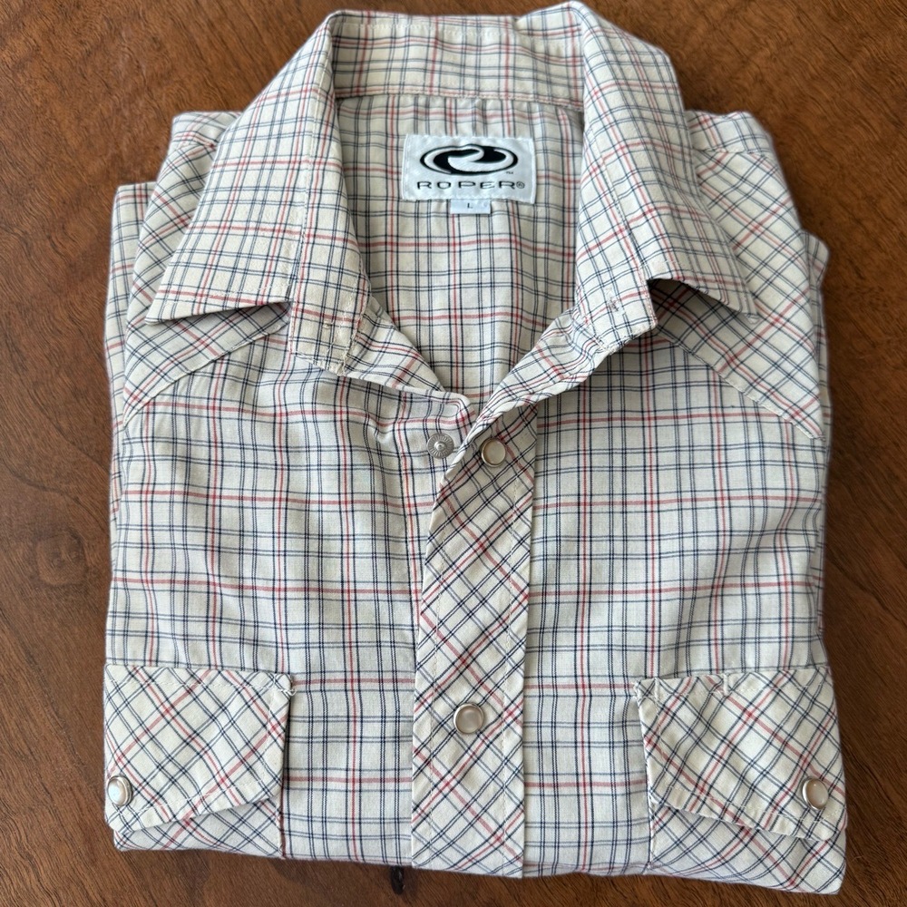 Roper Shirt Mens Large Beige Plaid Western Pearl Snaps Grid Pockets Long Sleeves
